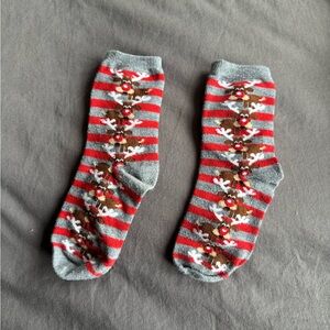 Festive Reindeer Striped Socks - Red and Gray